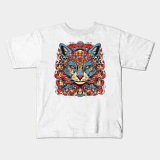 Psychedelic blue and red cat tattoo design Kids T-Shirt